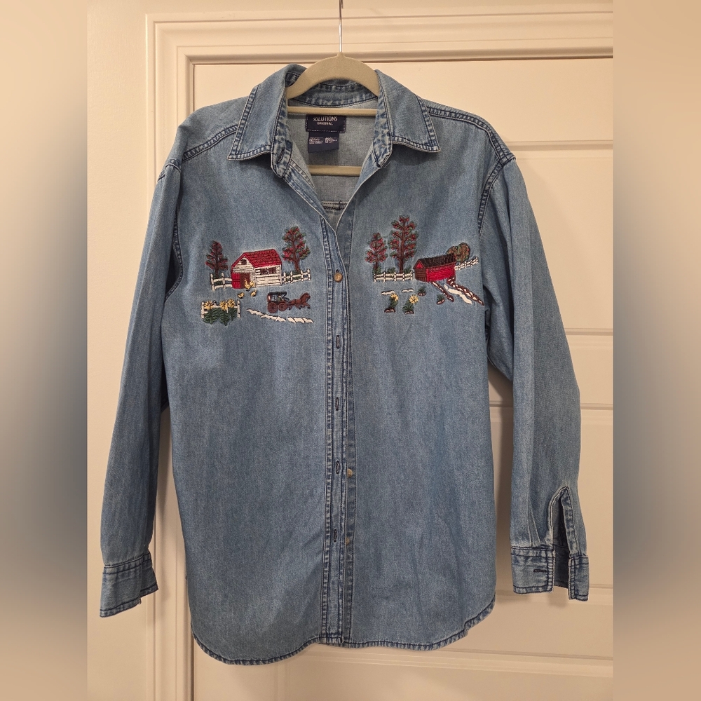 Women's Vintage Denim Shirt with Embroidered Farm Scene